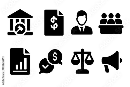 Insolvency Icon Set. Solid, filled icon set of insolvency process: court building, bankruptcy petition, trustee, creditor meeting, financial report, debt
