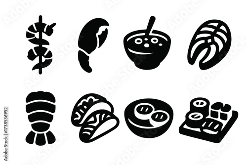 Seafood Icons Set. Solid, filled icon set of seafood main dishes: shrimp skewer, crab leg, clam chowder, salmon fillet, lobster tail, fish tacos, scallops,
