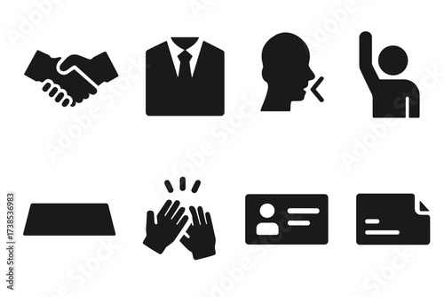 Boardroom Etiquette Icons. Solid, filled icon set of boardroom etiquette: handshake, dress code, silence sign, raise hand, nameplate, applause, business card,