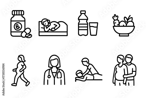 Pregnancy Care Icons. Outline icon set of pregnancy care: prenatal vitamins, rest, hydration, healthy diet, exercise, doctor appointment, massage, support
