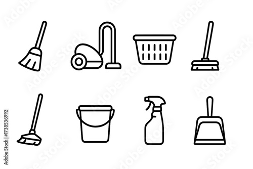 Domestic Chores Icons. Outline icon set of domestic chores: broom, vacuum cleaner, laundry basket, ironing board, mop, bucket, cleaning spray, dustpan. [Line