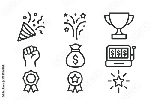 Celebration Icons Outline. Outline icon set of stakes celebration: confetti, fireworks, trophy, winner hand, money bag, jackpot, prize ribbon, star burst. Line