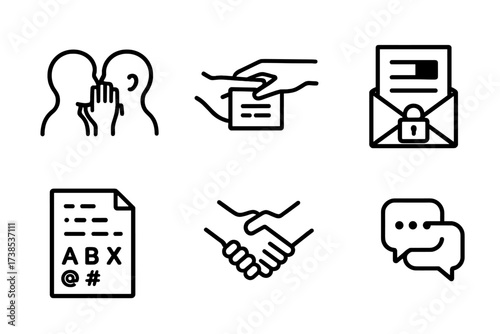 Secret Sharing Icons. Outline icon set of secret sharing methods: whispering, hand passing note, secret email, hidden message, coded language, Morse code,