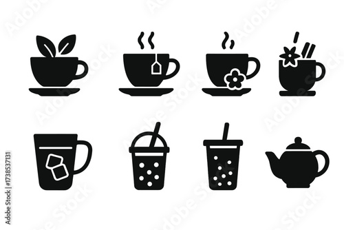 Tea Icons Grid. Solid, filled icon set of tea varieties: green tea, black tea, herbal tea, chai, oolong tea, iced tea, bubble tea, tea pot. Solid, filled icons