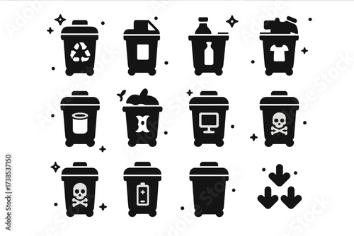 Recycling Bin Icons. Sorting bin. Solid icons set of sorting bin: recycling bin, paper bin, plastic bin, glass bin, metal bin, compost bin, e-waste bin,
