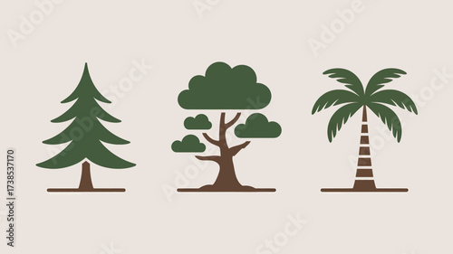 Three stylized trees representing different climates and environments in a simple vector design for ecological awareness and nature conservation projects