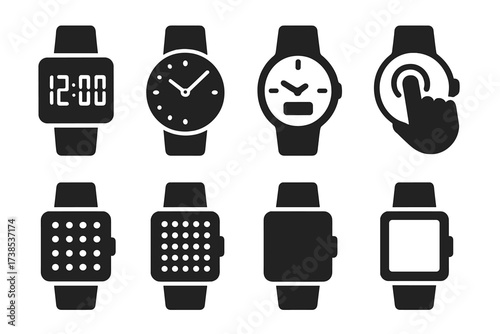 Watch Display Icons. Solid, filled icon set of watch displays: digital screen, analog dial, hybrid display, touchscreen, LED, OLED, LCD, e-ink. [Solid, filled