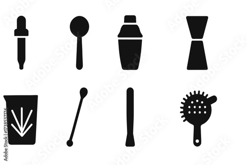 Bitters Tool Icon Set. Solid, filled icon set of bitters preparation tools: dropper, measuring spoon, cocktail shaker, jigger, mixing glass, stirrer, muddler,