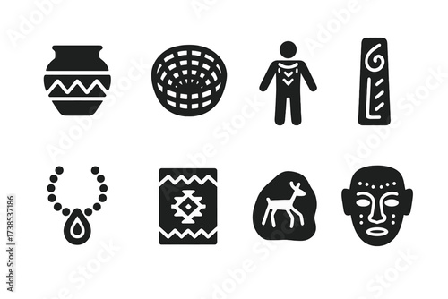 Tribal Art Icons. Solid, filled icon set of tribal art: pottery, basket weaving, body painting, carving, beadwork, textile patterns, rock painting, ceremonial