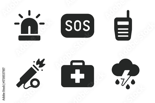 Emergency Gear Icons. Solid, filled icon set of map reading safety: emergency beacon, SOS signal, first aid kit, walkie talkie, flare, whistle, survival kit,