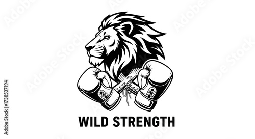 Bold monochrome logo design featuring a lion's head and crossed boxing gloves conveying strength