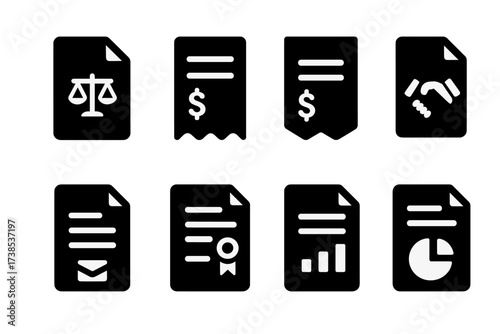 Solid Legal Icon Set. Solid, filled icon set of liability documentation: contract, invoice, receipt, legal document, agreement, letter, certificate, report.