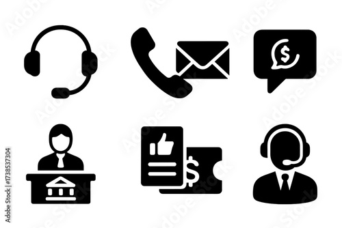 Bank Service Icons. Solid, filled icon set of bank customer service: headset, phone, email, chat bubble, help desk, feedback form, ticket, agent. Solid, filled