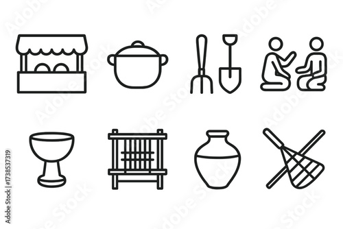 Cameroonian Life Icons. Outline icon set of Cameroonian daily life: Market stall, Cooking pot, Farming tools, Storytelling, Palm wine cup, Weaving loom, Clay