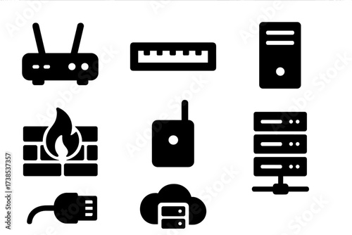 Network Infrastructure Icons. Solid, filled icon set of network infrastructure: router, switch, server, firewall, modem, data center, network cable, cloud