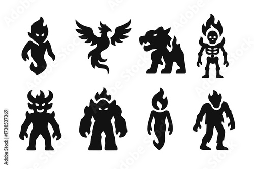 Fire Creature Icons. Solid, filled icon set of fire creatures: fire elemental, flame phoenix, lava hound, burning skeleton, fire demon, molten golem, ember