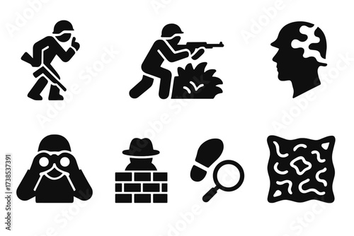 Camouflage Tactics Icons. Solid, filled icon set of camouflage tactics: stealth, concealment, ambush, blending, scouting, hiding, tracking, camouflage net.