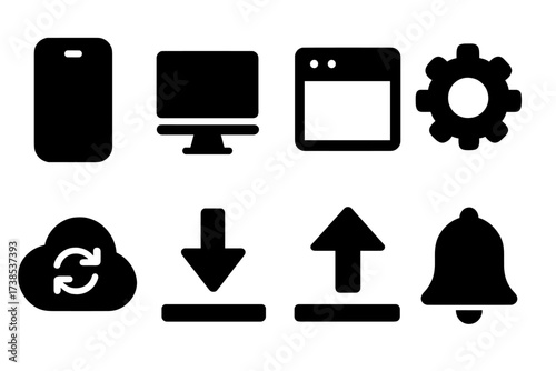 Software Icons Grid. Solid, filled icon set of software applications: mobile app, desktop app, web browser, settings gear, cloud sync, download, upload,