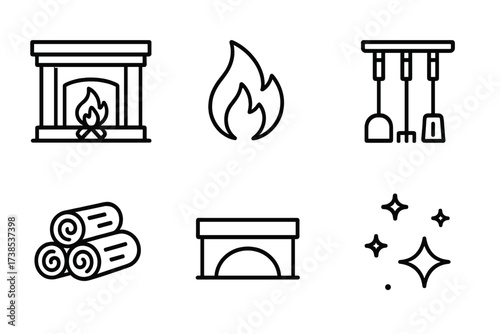Fireplace Icon Set. Outline icon set of fireplace elements: mantel, burning logs, fire flame, chimney, fireplace tools, firewood stack, hearth, sparks. Line