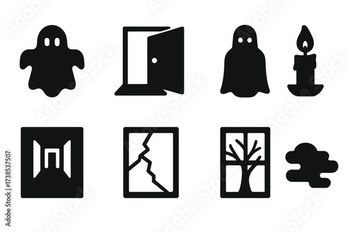 Haunted Icon Set. Solid, filled icon set of haunted scenes: ghost silhouette, creaky door, shadow figure, flickering candle, empty hallway, broken mirror,
