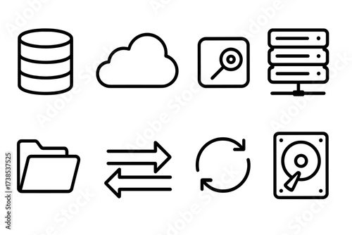 Server Farm Icons. Solid, filled icon set of server farm data management: database, cloud storage, backup tape, RAID array, file folder, data transfer, sync