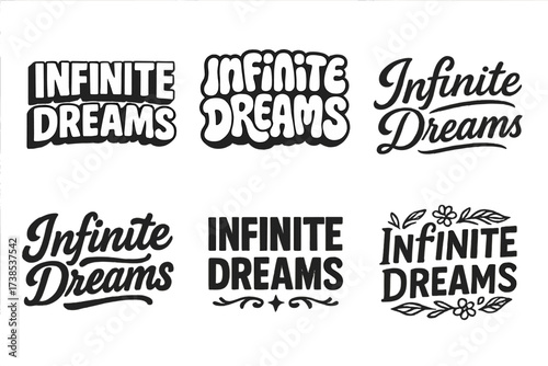 Creative Lettering Grid. Infinite Dreams. Set lettering. harmonious lettering variations of the same emblematic concept, each with different artistic