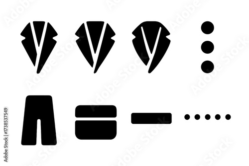 Business Suit Icons. Solid, filled icon set of business suit fashion elements: lapel, notch, peak, shawl collar, buttons, vents, pockets, stitching. [Solid,