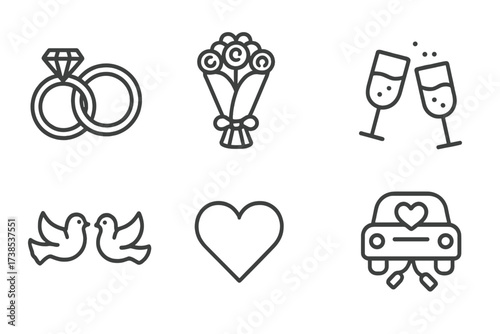 Wedding Icon Set. Outline icon set of wedding celebration: rings, bouquet, cake, champagne glasses, doves, heart, gift, car with decorations. Line icons in