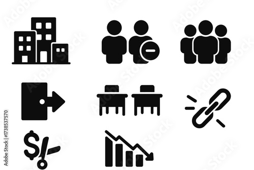 Downsizing Icon Set. Solid, filled icon set of downsizing: shrinking office, fewer employees, reduced team, exit door, empty desks, cut budget, downward graph,