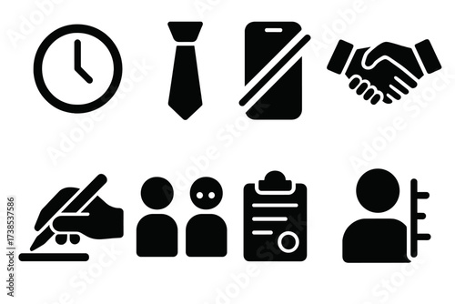Meeting Etiquette Icons. Solid, filled icon set of meeting etiquette: punctuality, dress code, silence phone, handshake, note-taking, eye contact, agenda,