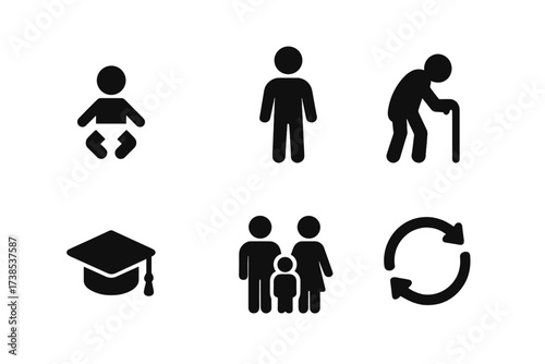 Human Lifespan Icons. Solid, filled icon set of human lifespan stages: baby, child, adult, elderly person, graduation cap, walking cane, family, life cycle.