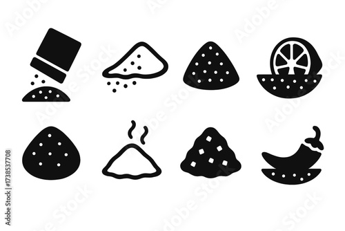 Salt Type Icons. Solid, filled icon set of salt types for rimming: kosher salt, sea salt, pink Himalayan salt, flavored salt, coarse salt, smoked salt, black