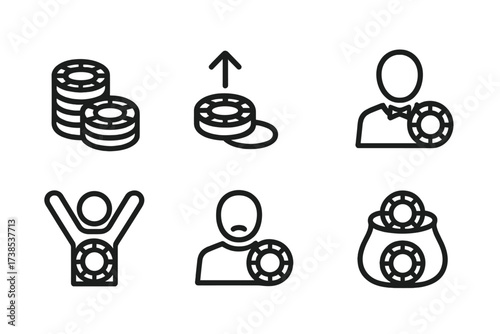 Chip Gameplay Icons. Outline icon set of chip gameplay: chip stack, chip bet, chip raise, chip fold, chip dealer, chip winner, chip loser, chip pot. Line icons