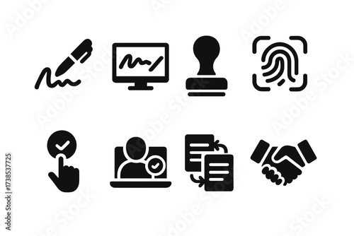 Agreement Signing Icons. Solid, filled icon set of agreement signing methods: handwritten signature, digital signature, stamp, biometric sign, approval button,