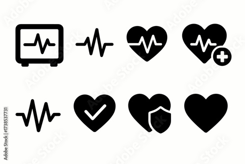 Cardiology Icon Set. Solid, filled icon set of heartbeat and cardiology: heart rate monitor, ECG line, heart with pulse, cardiogram, heartbeat with cross,