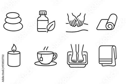 Relaxation Wellness Icons. Outline icon set of relaxation and wellness: spa stones, essential oil bottle, massage hands, yoga mat, calming candle, herbal tea,