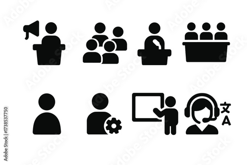 Conference Icon Set. Solid, filled icon set of conference participants: speaker, audience, moderator, panelist, attendee, organizer, presenter, translator.