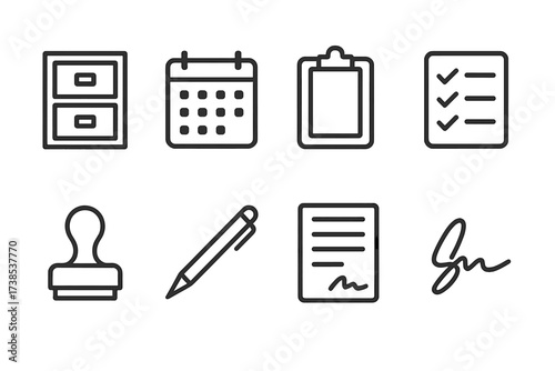 Administrative & Finance Icons. Outline icon set of administrative tasks: filing cabinet, calendar, clipboard, checklist, stamp, pen, contract, signature. Line