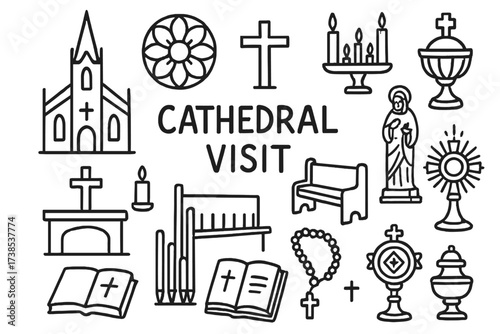 Gothic Cathedral Doodle. Cathedral visit. Hand-drawn doodle illustration cathedral visit gothic spire, stained glass window, altar, cross, pews, candle stand,