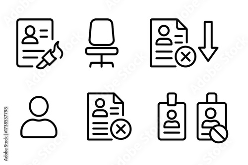 Unemployment Icon Set. Outline icon set of unemployment: job termination, empty chair, rejected application, down arrow, unemployed person, resume with cross,