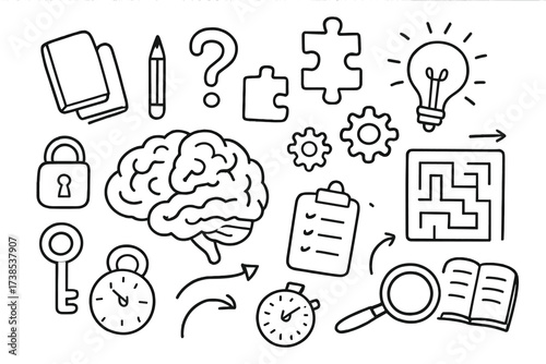 Brain Teaser Doodle. Hand-drawn doodle illustration brain teaser puzzle brain, puzzle pieces, question mark, gears, light bulb, maze, clipboard, pencil,