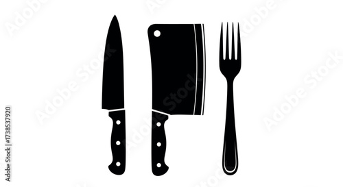 Black silhouette of a chef's knife, a cleaver, and a fork arranged vertically on a white background kitchen