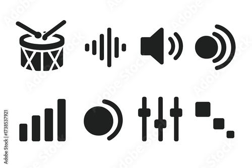 Black Drum Sound Icons. Solid, filled icon set of marching drum sound and effects: sound wave, volume control, reverb, echo, equalizer, bass boost, audio