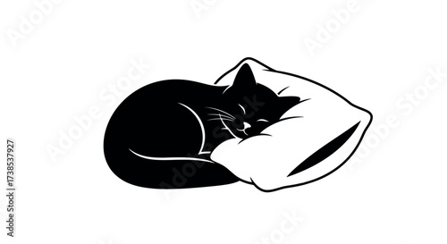 Black silhouette of a cat sleeping curled up on a white pillow vector illustration