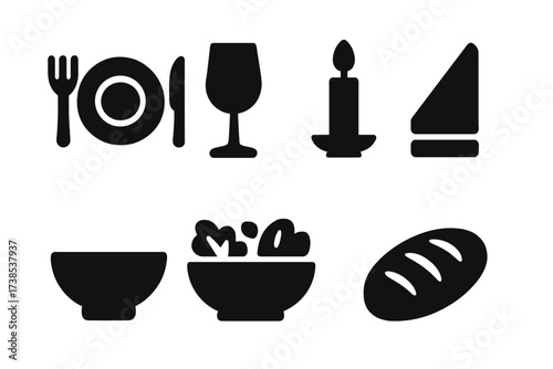 Dinner Icons Set. Solid, filled icon set of dinner items: plate, fork and knife, wine glass, candle, napkin, bowl, salad, bread loaf. [Line icons in only black