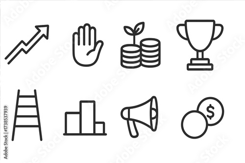 Raise Symbolism Icons. Outline icon set of raise symbolism: ascending arrow, hand raise, growing money pile, trophy, ladder, podium, megaphone, coins. Line