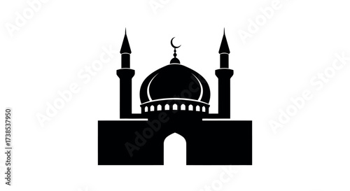 Black silhouette of a mosque with dome and minarets on a white background Islamic architecture