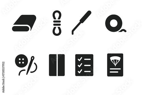 Parachute Packing Tools. Solid, filled icon set of parachute packing tools: packing mat, packing rope, line stuffer, packing tape, sewing kit, folding board,