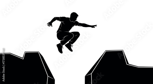 Black Silhouette of a Man Performing a Parkour Jump Between Gaps on White Background free running leaping