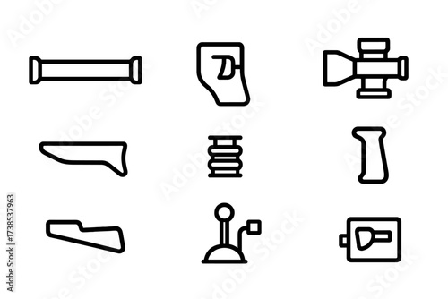 Rocket Launcher Components. Outline icon set of rocket launcher components: launch tube, trigger mechanism, sight scope, grip handle, shoulder rest, recoil